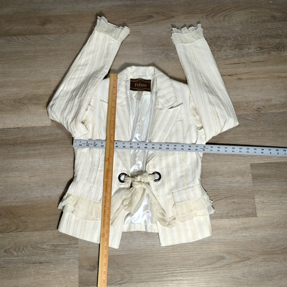 Vintage Feline Blazer Medium Ivory Shimmer Stripe Coquette Dollette Ruffle Y2K - Picture 10 of 10